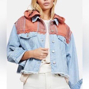 Free People Baja Mixed-Media Hooded Denim Jacket Sz S